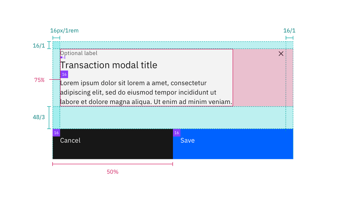 Structure and spacing measurements for transactional modal elements